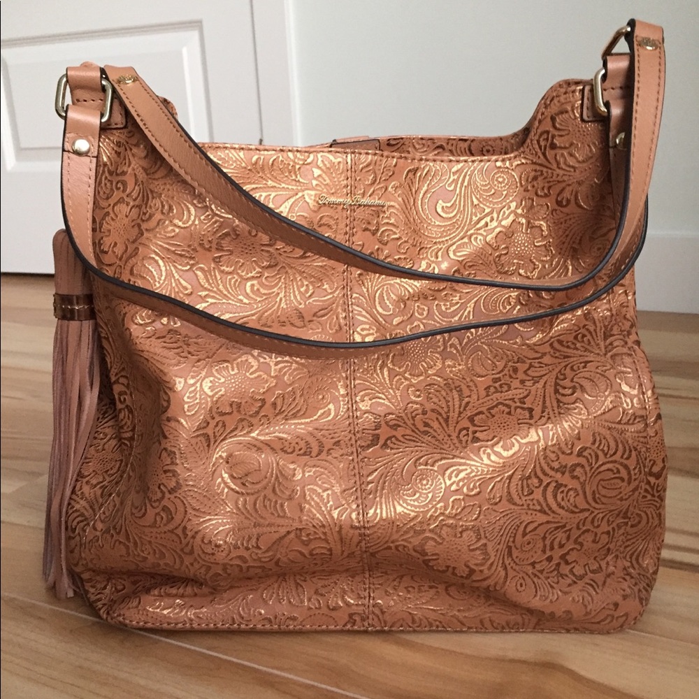 Tommy Bahama embossed leather tote.
